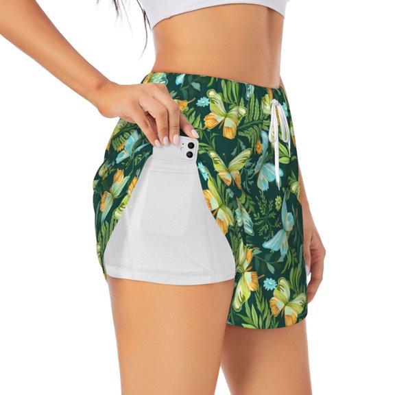 Honeii tropical butterflies and plants print a double-layered women's running short, ideal for gym, tennis, and various activities, complete with a practical pocket-Large
