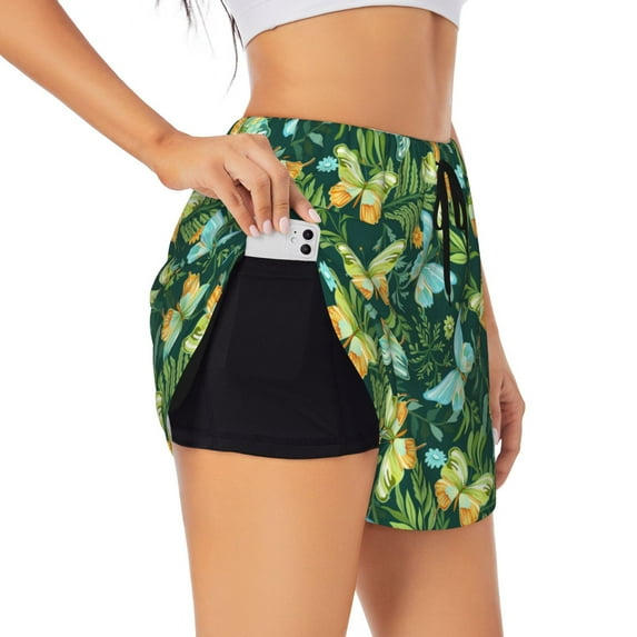 Honeii tropical butterflies and plants print a double-layered women's running short, ideal for gym, tennis, and various activities, complete with a practical pocket-Small