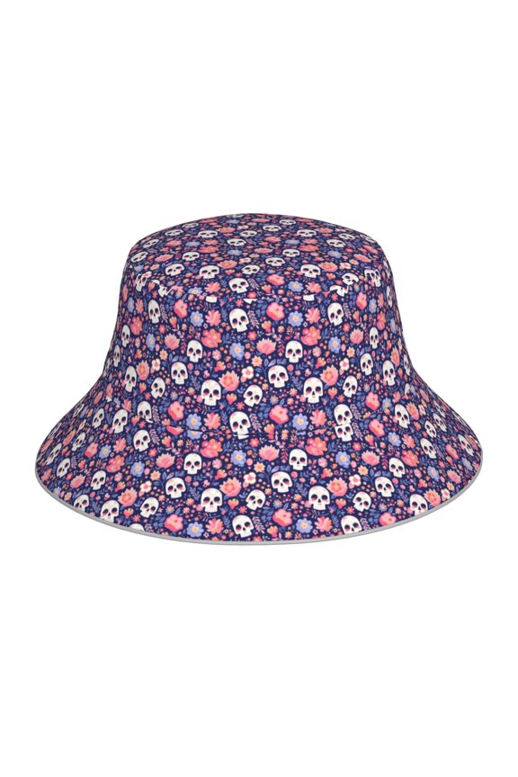 white Skull Flower for Unisex Bucket Hat Waterproof Rain Hat Reversible Shiny Rave Bucket Hat for Concert Festival Boonie Cap