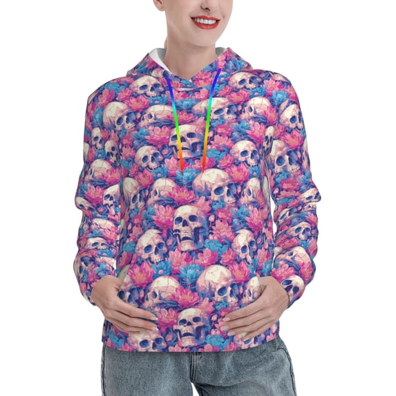 Honeii white Skull blue flower Pattern Womens Oversized Hoodies Long Sleeve Sweatshirts Pullover Fall Outfits with Pocket-Medium