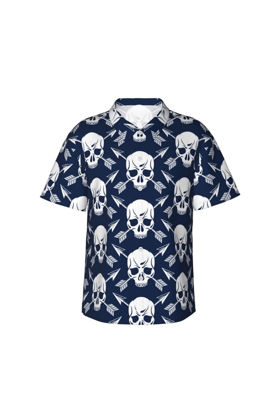 white arrow Skull Print Men’s Hawaiian Shirt,Classic Button-Down Short Sleeve Shirt, for Beach, Vacation, and Outdoor Activities,Small