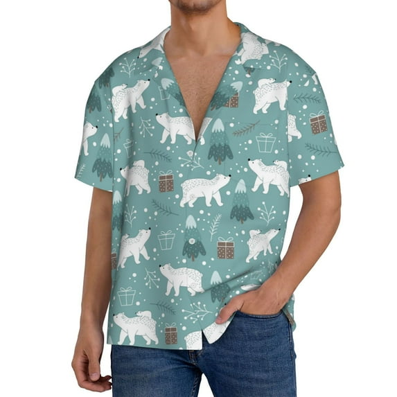 Honeii whiter Snow bear Print for Men's Short-Sleeved Button-Up Collared Shirt Featuring A Pocket, Perfect for Beach Vacations, And Travel Adventures.-X-Large