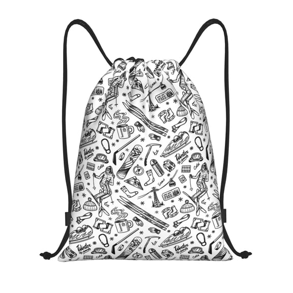 Honeii winter Ski Element Print Drawstring Backpack,Drawstring Bags String Backpack Gym Cinch Sack Backpack Sport Bag Draw-Small