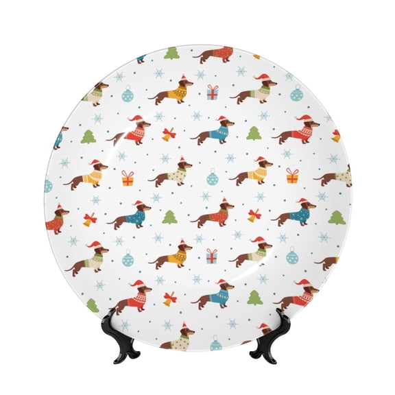 Honeii winter Snowflake Dachshund Print Elegant Bone China Decorative Plate, Porcelain Plate,Art Crafts,Ceramic Ornaments for Home Office Wall Decor-6in