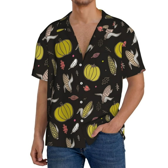 Honeii yellow Pumpkin Corn for Men's Short-Sleeved Button-Up Collared Shirt Featuring A Pocket, Perfect for Beach Vacations, And Travel Adventures.-Large