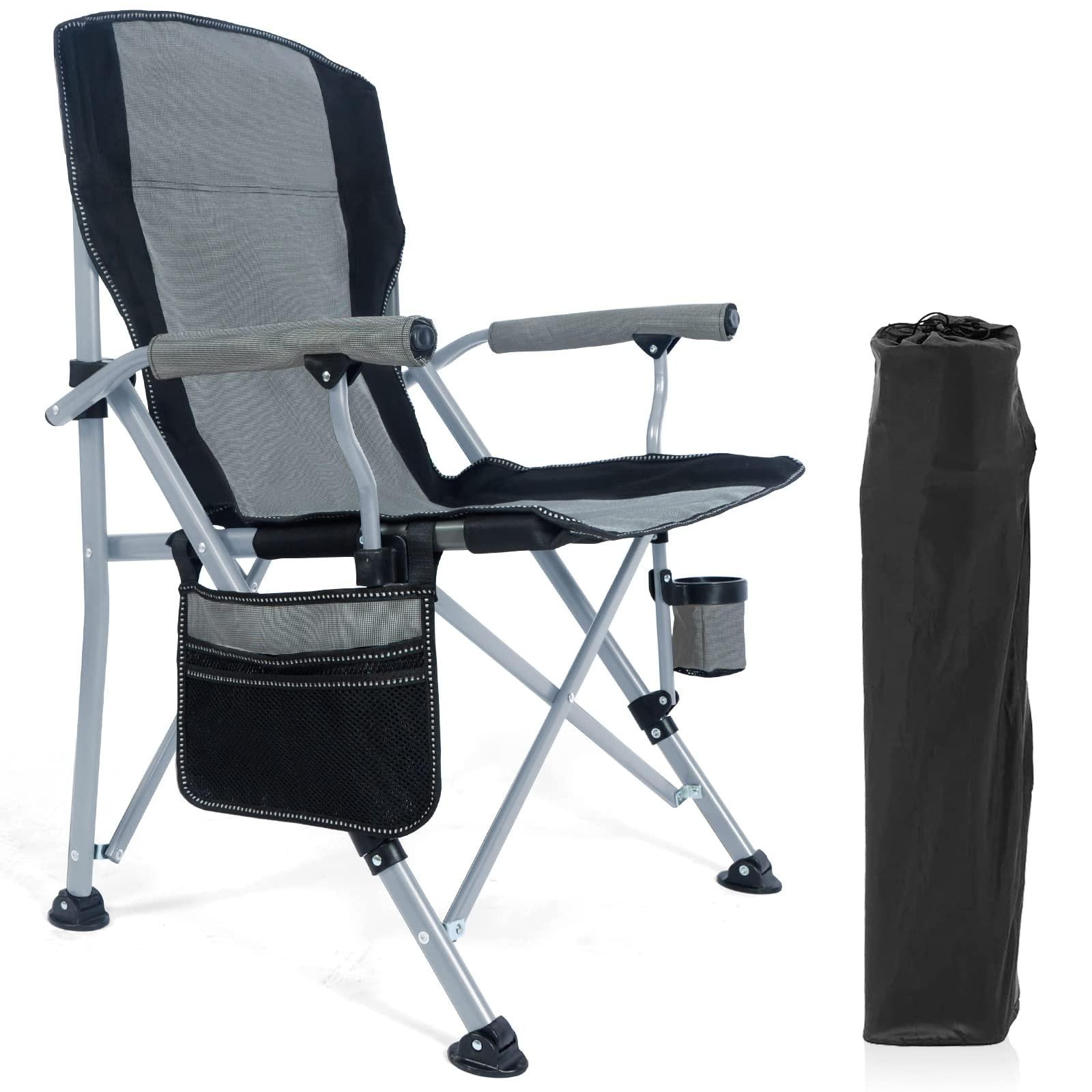 Honeilife Folding Camping Chair Adult Support 330lbs, Heavy Duty Portable Outdoor Beach Chair, Foldable Lightweight Lawn Chair with Cup Holder&Carry Bag for Fishing Outside Sports Picnic, Grey