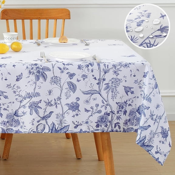Blue and White Floral Tablecloth 52 x 70 Inch, Vintage Rectangle Table Cloth, Spill-Proof Stain Resistant Decorative Fabric Table Cover for Dining, Party, Picnic