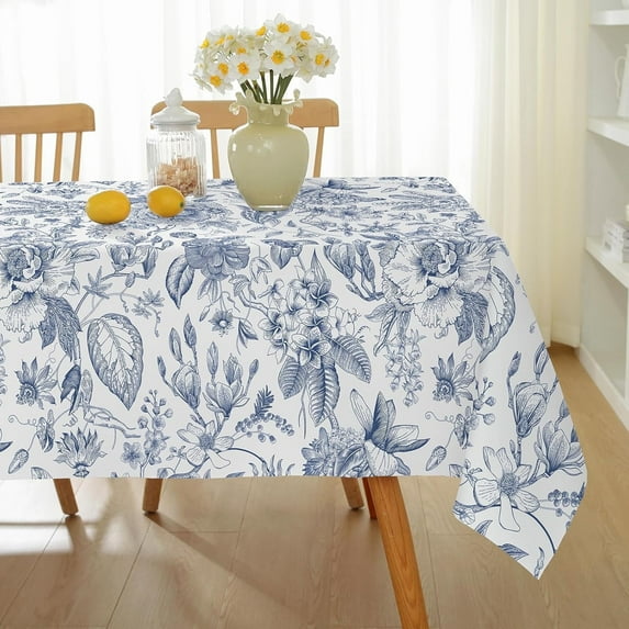 Blue and White Floral Tablecloth, Rectangle Tablecloth 60 x 102 Inch, Spill-Proof Wrinkle Resistant Table Cloth for Spring Picnic Kitchen Dining