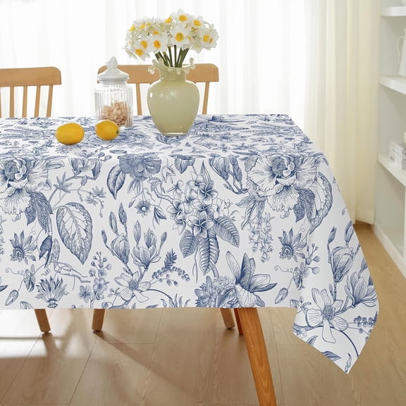 Blue and White Floral Tablecloth, Rectangle Tablecloth 60 x 84 Inch, Spill-Proof Wrinkle Resistant Table Cloth for Spring Picnic Kitchen Dining