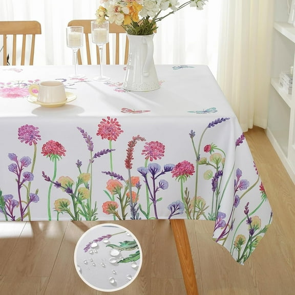 Honellaty Spring Summer Tablecloth 60 x 102 Inch Rectangle, Watercolor Wildflowers Floral Butterfly Table Cloth, Spill-Proof Stain Resistant Decorative Fabric Table Cover for Dining, Party, Picnic