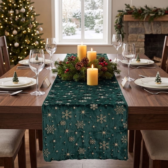 Honeplcked 13x71In Polyester Velvet Green Xmas Table Runner, Winter Seasonal Indoor Christmas Table Decorations, Embroidered Snowflake Table Runner for Xmas Party Home Holiday Kitchen Dining Room