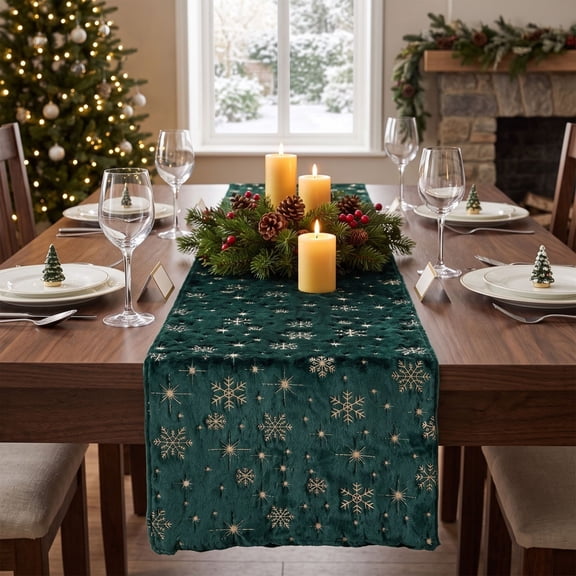 Honeplcked 13x71In Polyester Velvet Green Xmas Table Runner, Winter Seasonal Indoor Christmas Table Decorations, Embroidered Snowflake Table Runner for Xmas Party Home Holiday Kitchen Dining Room