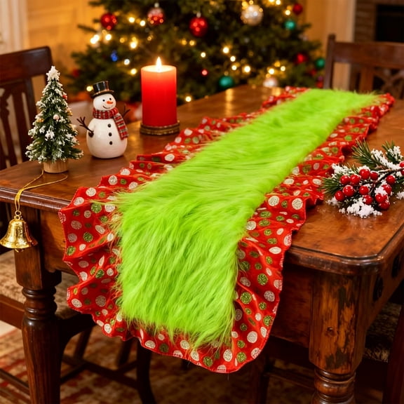 Honeplcked 14x72In Green Faux Fur Christmas Table Runner for Table Decorations Indoor, Washable Seasonal Winter Christmas Table Runner with Red Ruffle Edging for Home Party Kitchen Dining Room Decor