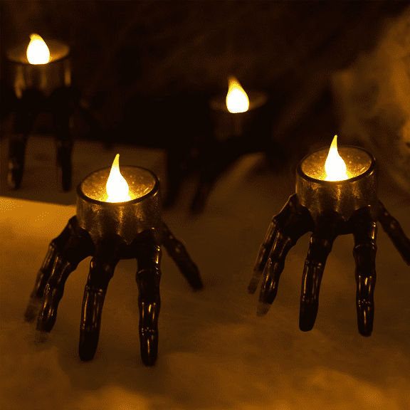 Honeplcked 2pcs Gothic Skeleton Hand Flameless Candles, Halloween Lighted Lamp USB Powered Battery Operated, Spooky Skeleton Hand Candle Holder Halloween Table Centerpiece Decor