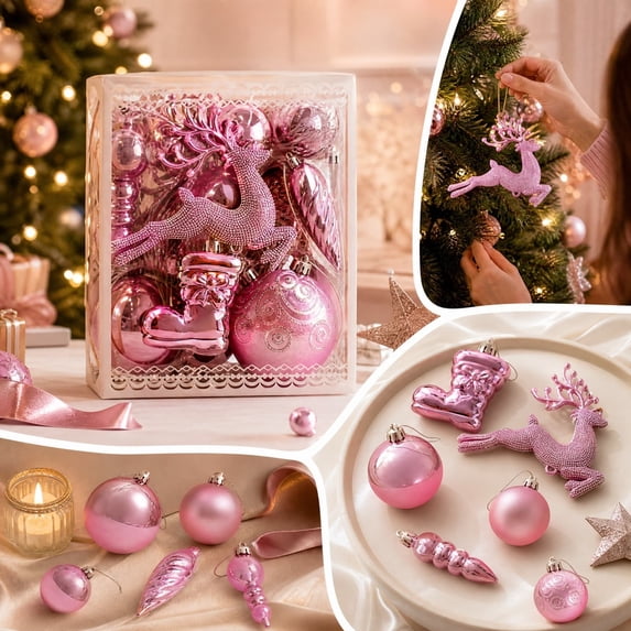 Honeplcked 30 Pcs Multi Shape Christmas Tree Ball Ornaments in Gift Box, Pink Shatterproof Christmas Tree Hanging Decoration Balls Set for Xmas Tree, Holiday, Wedding, Party(10 Styles)