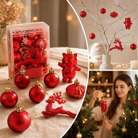 Honeplcked 30 Pcs Multi Shape Christmas Tree Ball Ornaments in Gift Box, Red Shatterproof Christmas Tree Hanging Decoration Balls Set for Xmas Tree, Holiday, Wedding, Party(10 Styles)