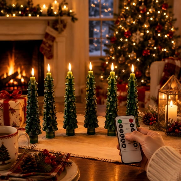 Honeplcked 6Pcs Green Christmas Tree Flameless Taper Candles with Remote Timer, 9.8 Inches LED Battery Operated Taper Candles, 3D Xmas Tree Flickering Candlesticks for Holiday Home Decor