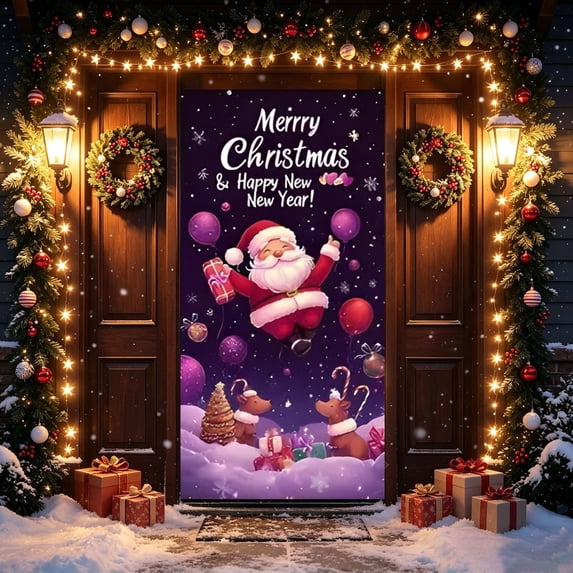 Honeplcked 71 X35 In Christmas Door Cover Decorations, Cloth Santa Claus Door Banner Hanging Front Door, Porch, Wall, Party and Photo Backdrop Decor