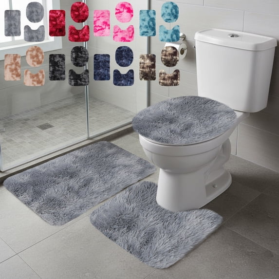 Honeplcked Bathroom Rugs Sets 3 Piece with Toilet Seat Cover, Microfiber Thick Shaggy Bath Mats Set, Absorbent Non-Slip Carpet Washable Bath Rugs for Bathroom, Tub, Shower, Black on Clearance