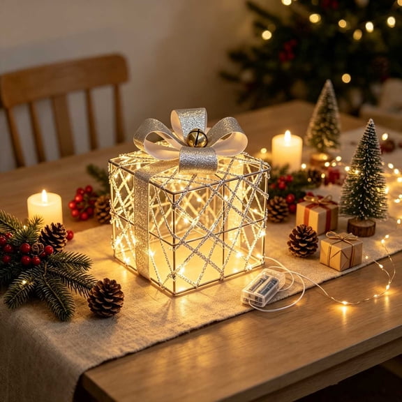 Honeplcked Christmas Lighted Gift Boxes Decorations Indoor, 13In Prelit Christmas Table Decorations Iron White Gift Boxes with Warm LED Lights for Xmas Holiday Fireplace Mantel Table Entryway Window
