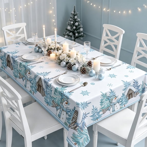 Honeplcked Christmas Tablecloth Decorations, Winter Snowman House White Washable Rectangle Table Cloth for Party Picnic Dinner Decor 70 x 55Inch