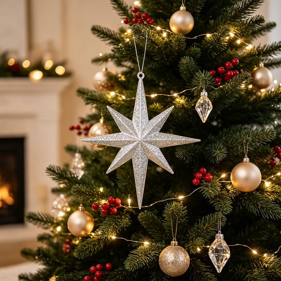 Honeplcked Christmas Tree Stars Hanging Decorations, Glitter Silver Mini 8 Pointed Star Christmas Tree Ornaments for Xmas Tree Home Decor Xmas Party Supplies