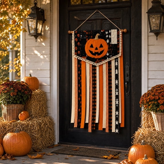 Honeplcked Halloween Banner Decorations Outdoor Indoor, Pumpkin Halloween Hanging Stripes Flag Banner, Halloween Party Favors Supplies for Wall Door