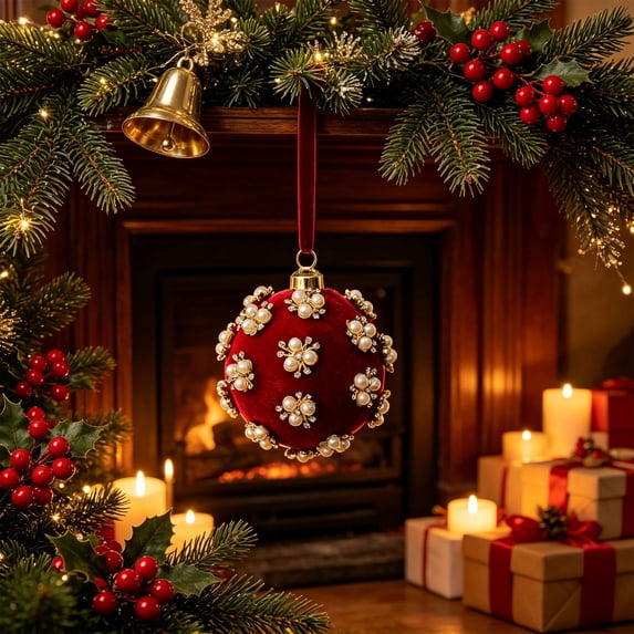 Honeplcked Red Foam Christmas Tree Ornaments Christmas Balls with Pearls, 3.35In Glitter Shatterproof Luxury Hanging Pendant for Christmas Tree Decorations Indoor Outdoor Party Decor