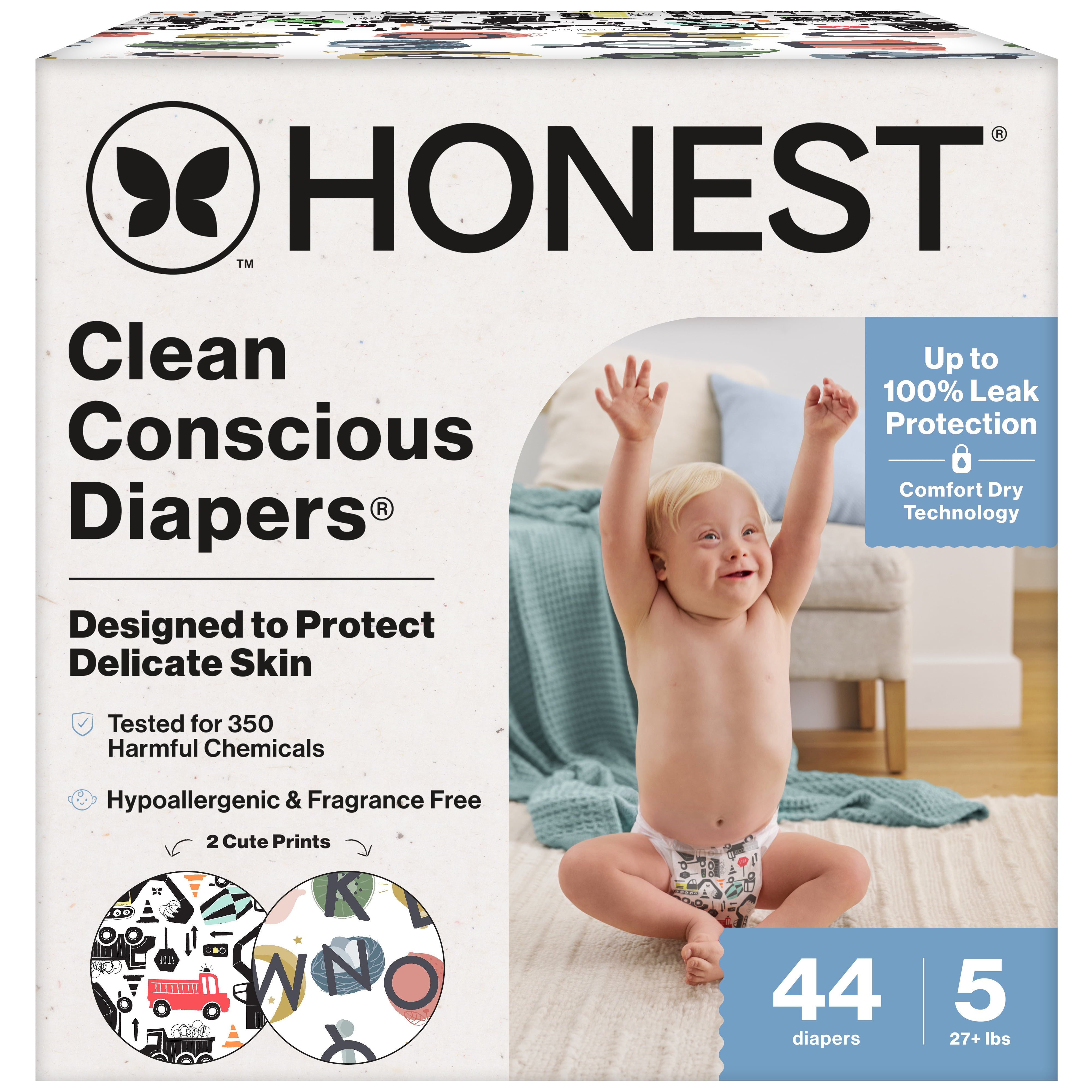 The Honest Company Clean Conscious Diapers Up to 100% Leak Protection Designed to Protect Delicate Skin Hypoallergenic + Fragrance Free Big Trucks + All the Letters, Size 5, 44 Count