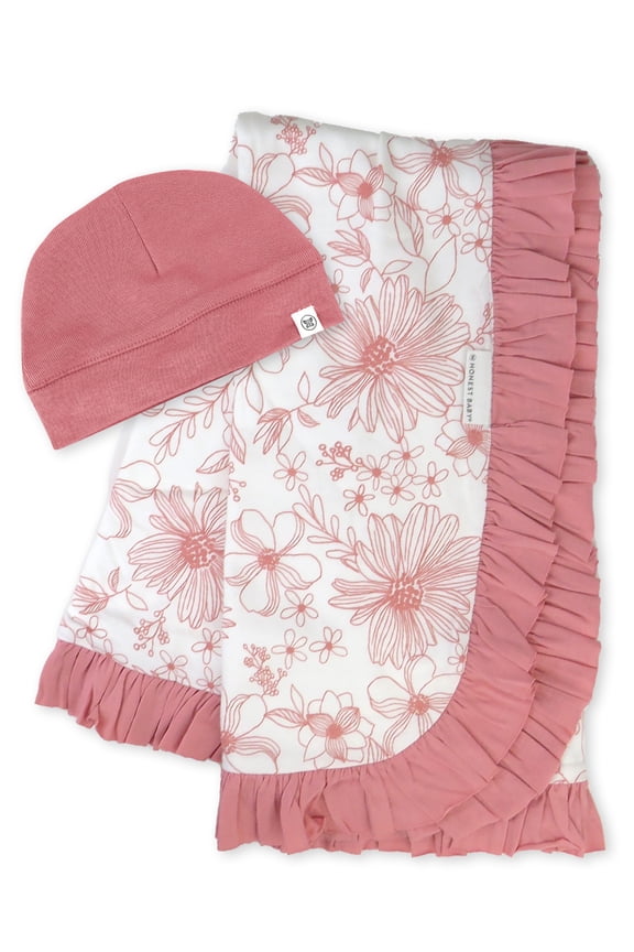 Organic Cotton Boy/Girl 2-Piece Stroller Blanket and Beanie Hat Gift Set, Pink