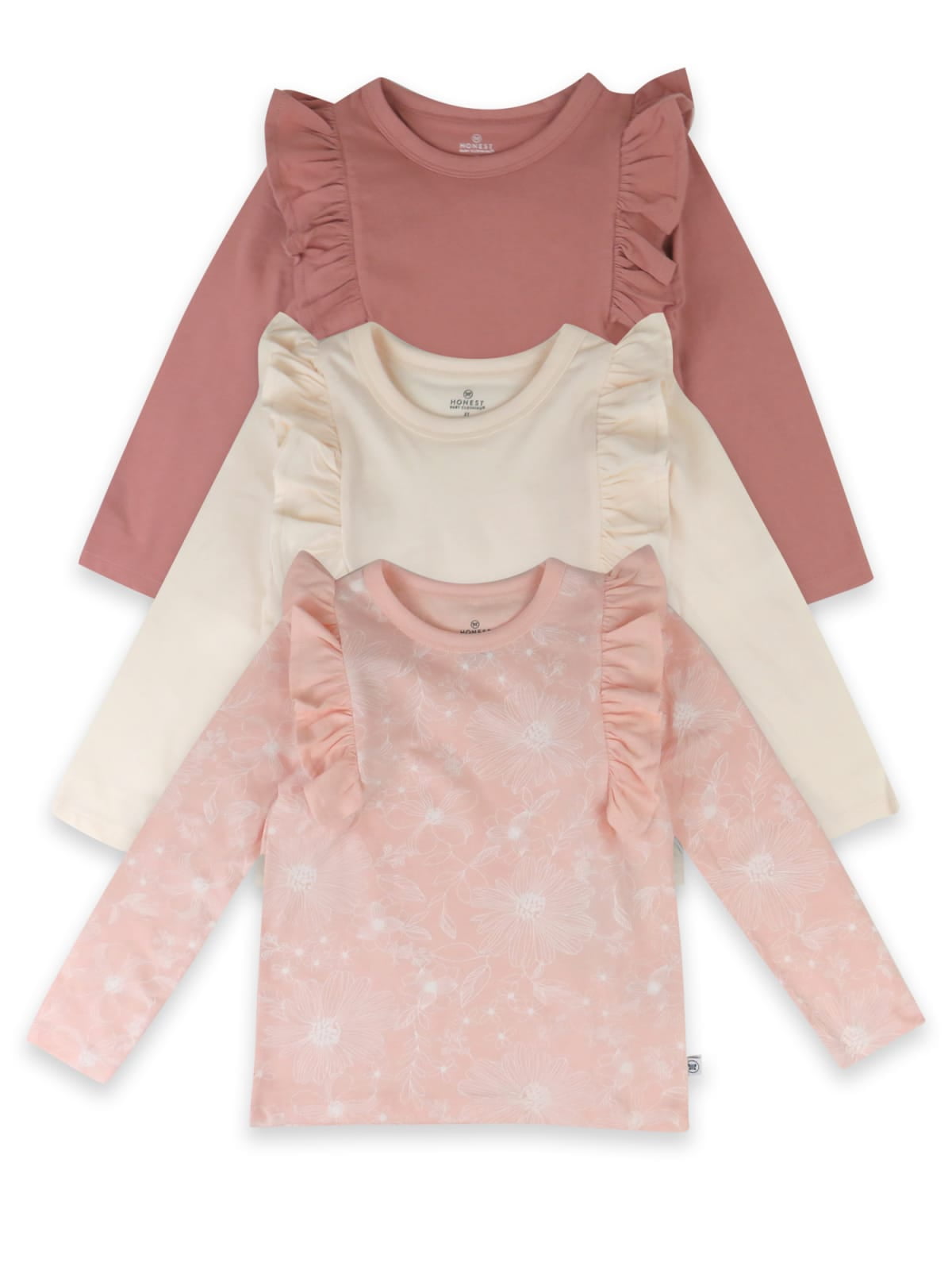 Honest Baby Clothing Organic Cotton Girl Long-Sleeve Ruffle Shirts, 3M to 24M, 3-Pack