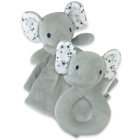 Honest Baby Clothing Organic Cotton Boy/Girl 2-Piece Lovey and Rattle Gift Set, Elephant