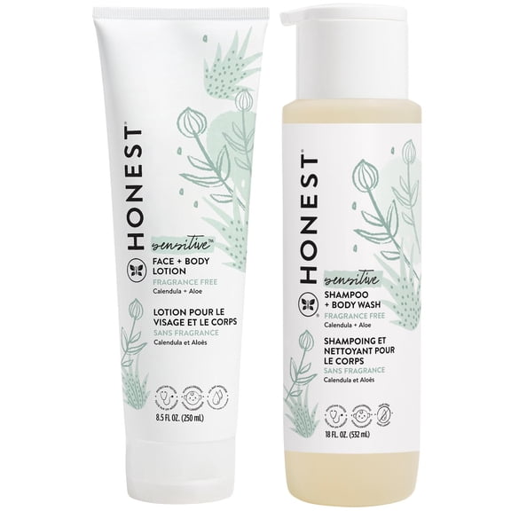 Honest Baby Sensitive Skin Fragrance-Free Care Bundle: Face + Body Lotion 10 fl oz & Shampoo + Body Wash 18 fl oz