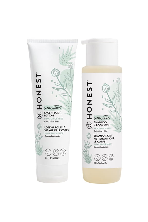 Baby Sensitive Skin Fragrance-Free Care Bundle: Face + Body Lotion 10 fl oz & Shampoo + Body Wash 18 fl oz