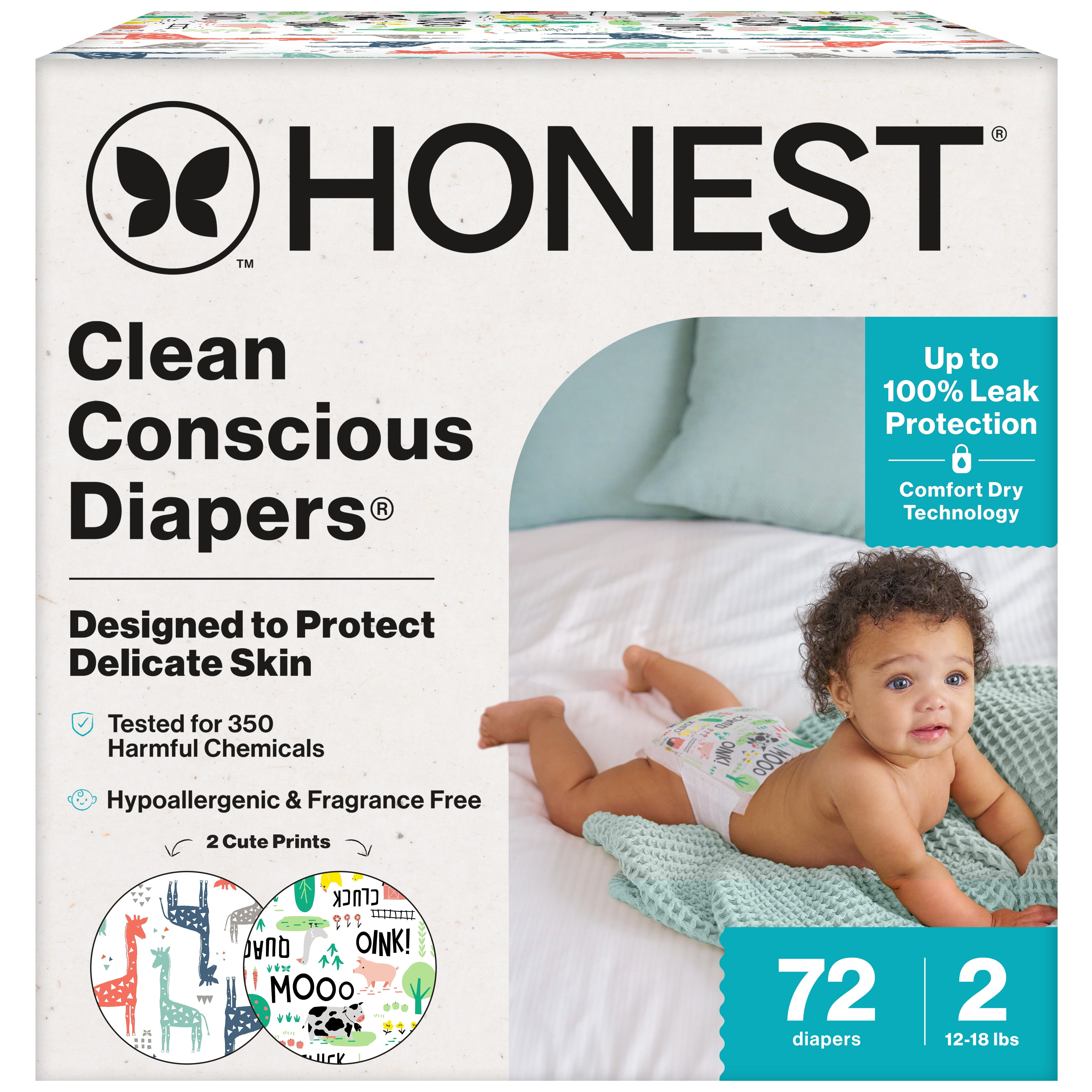 The Honest Company Clean Conscious Diapers Up to 100% Leak Protection Designed to Protect Delicate Skin Hypoallergenic + Fragrance Free Multi-Colored Giraffes + Barnyard Babies, Sz 2, 72 Ct.