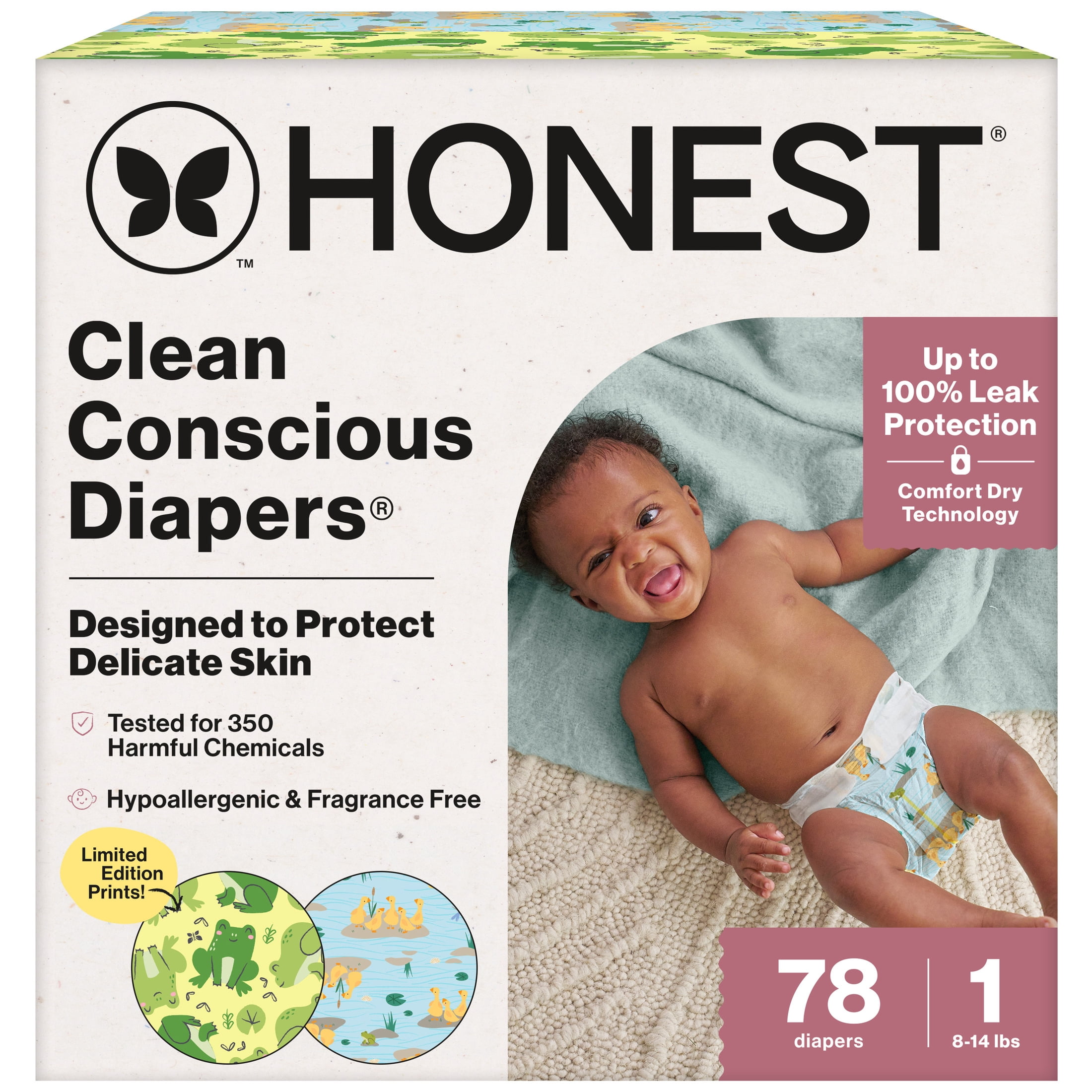 The Honest Company Clean Conscious Diapers® | Up to 100% Leak Protection I Designed to Protect Delicate Skin I Hypoallergenic + Fragrance Free | UR Ribbiting + Waddle It Be, Size 1, 78 Count Club Box
