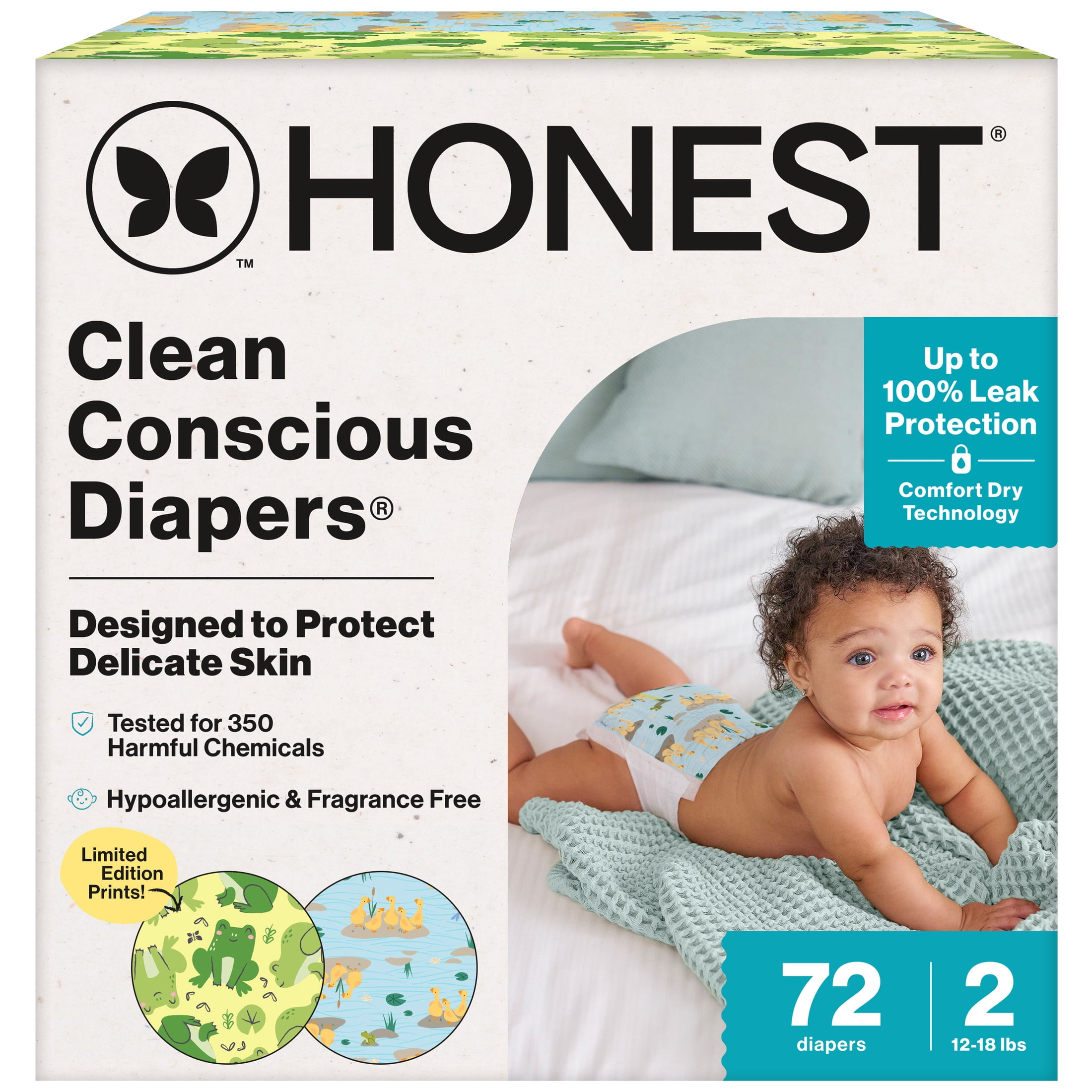 The Honest Company Clean Conscious Diapers® | Up to 100% Leak Protection I Designed to Protect Delicate Skin I Hypoallergenic + Fragrance Free | UR Ribbiting + Waddle It Be, Size 2, 72 Count Club Box