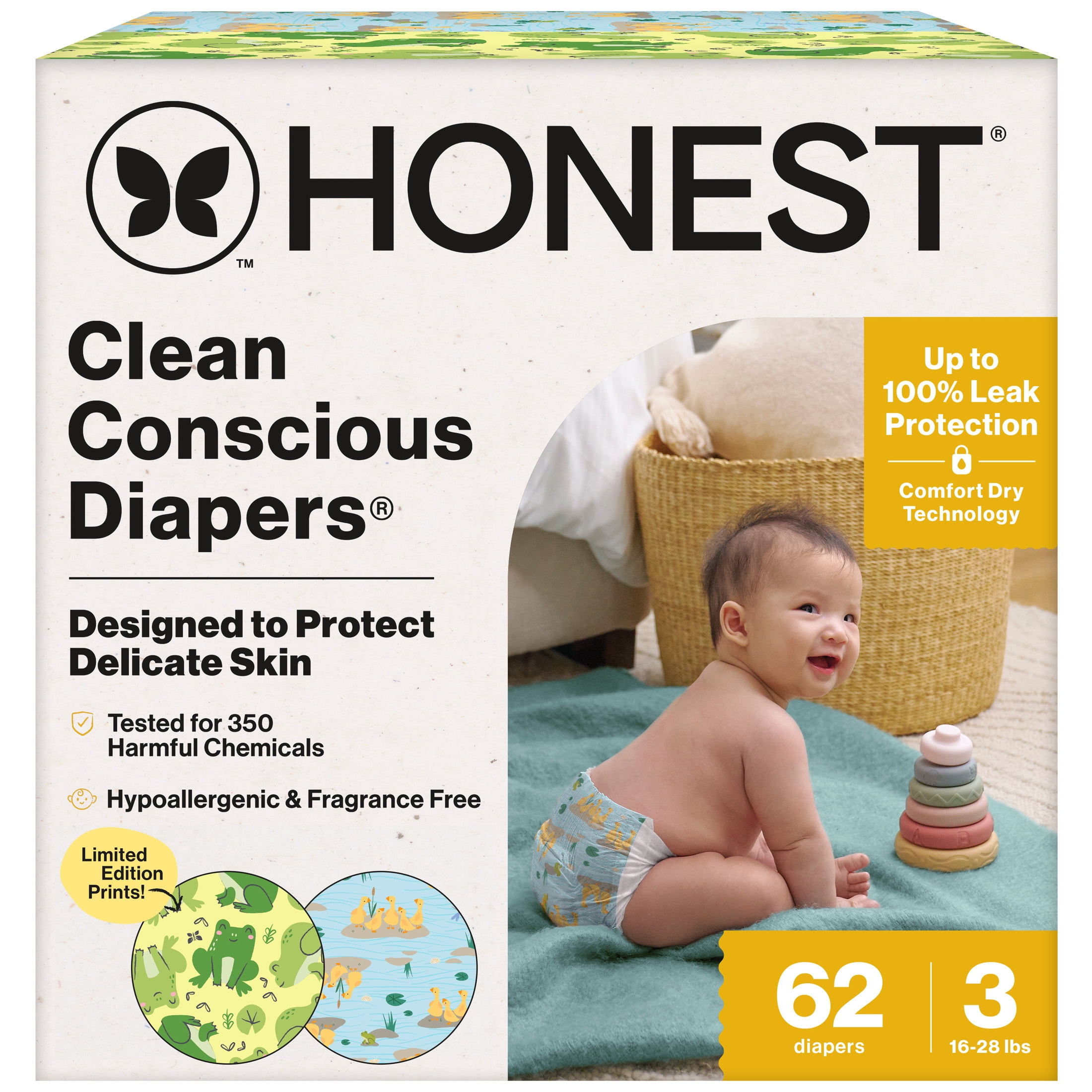 The Honest Company Clean Conscious Diapers® | Up to 100% Leak Protection I Designed to Protect Delicate Skin I Hypoallergenic + Fragrance Free | UR Ribbiting + Waddle It Be, Size 3, 62 Count Club Box