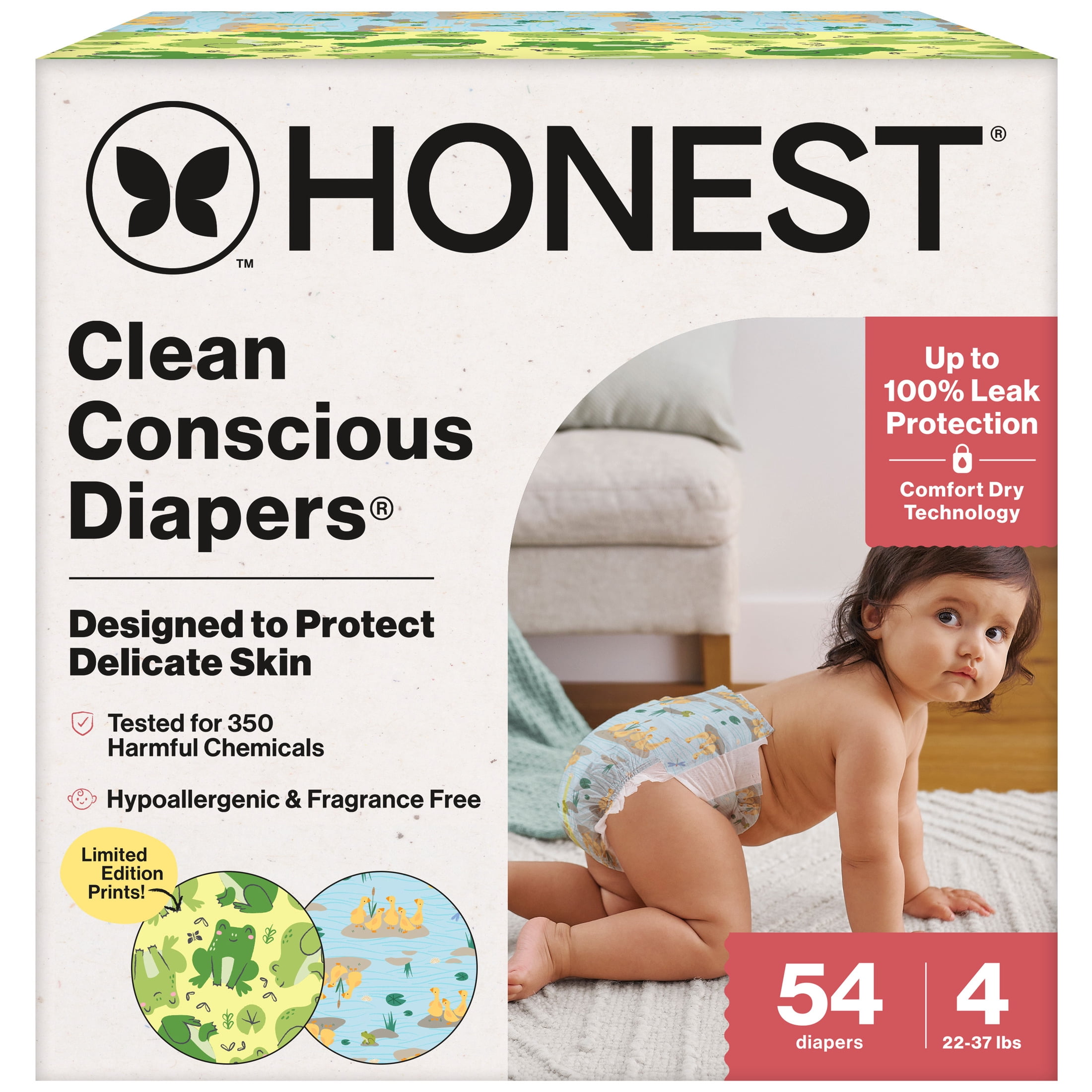The Honest Company Clean Conscious Diapers®, Up to 100% Leak Protection, Designed to Protect Delicate Skin, Hypoallergenic + Fragrance Free, UR Ribbiting + Waddle It Be, Size 4, 54 Count Club Box