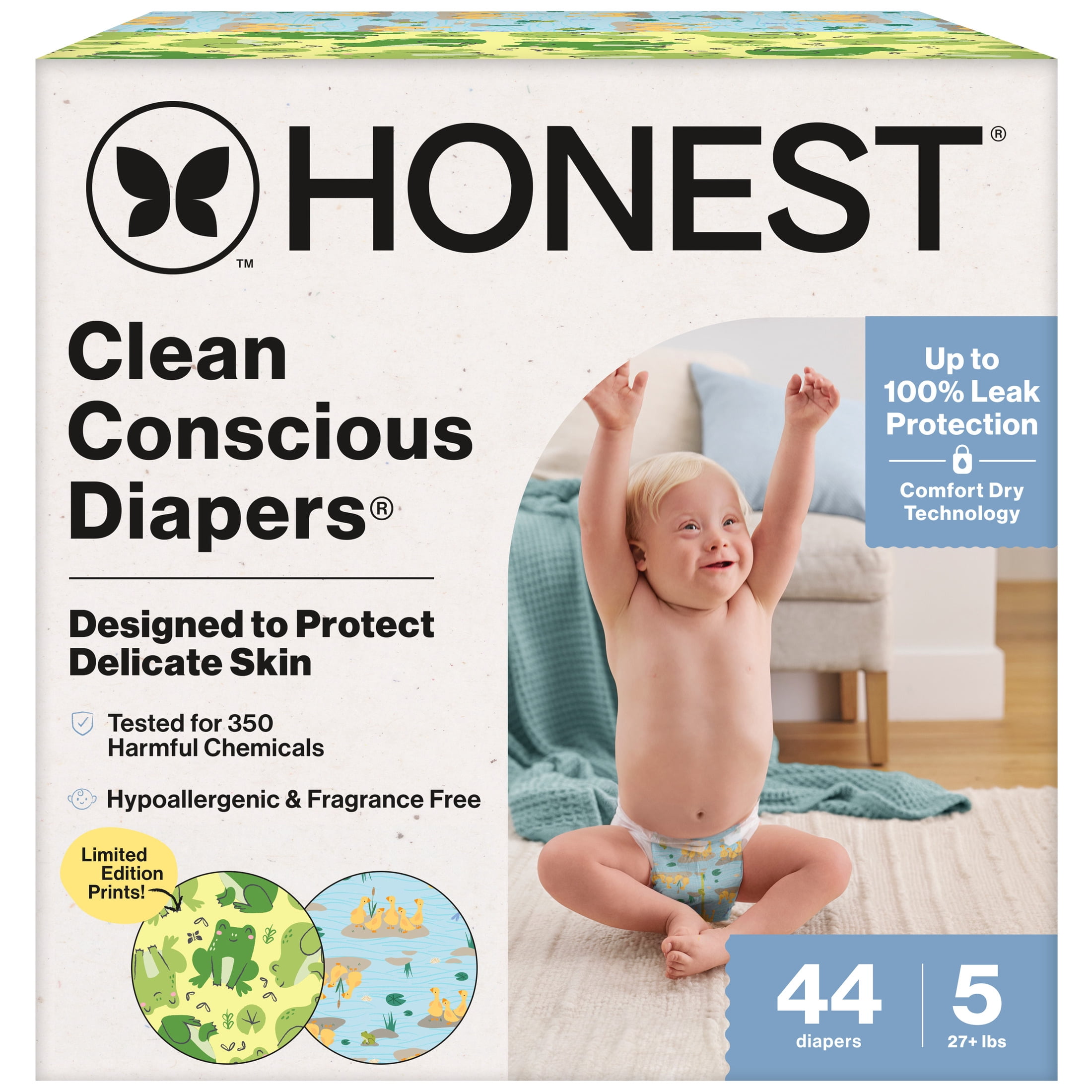 The Honest Company Clean Conscious Diapers® | Up to 100% Leak Protection I Designed to Protect Delicate Skin I Hypoallergenic + Fragrance Free | UR Ribbiting + Waddle It Be, Size 5, 44 Count Club Box