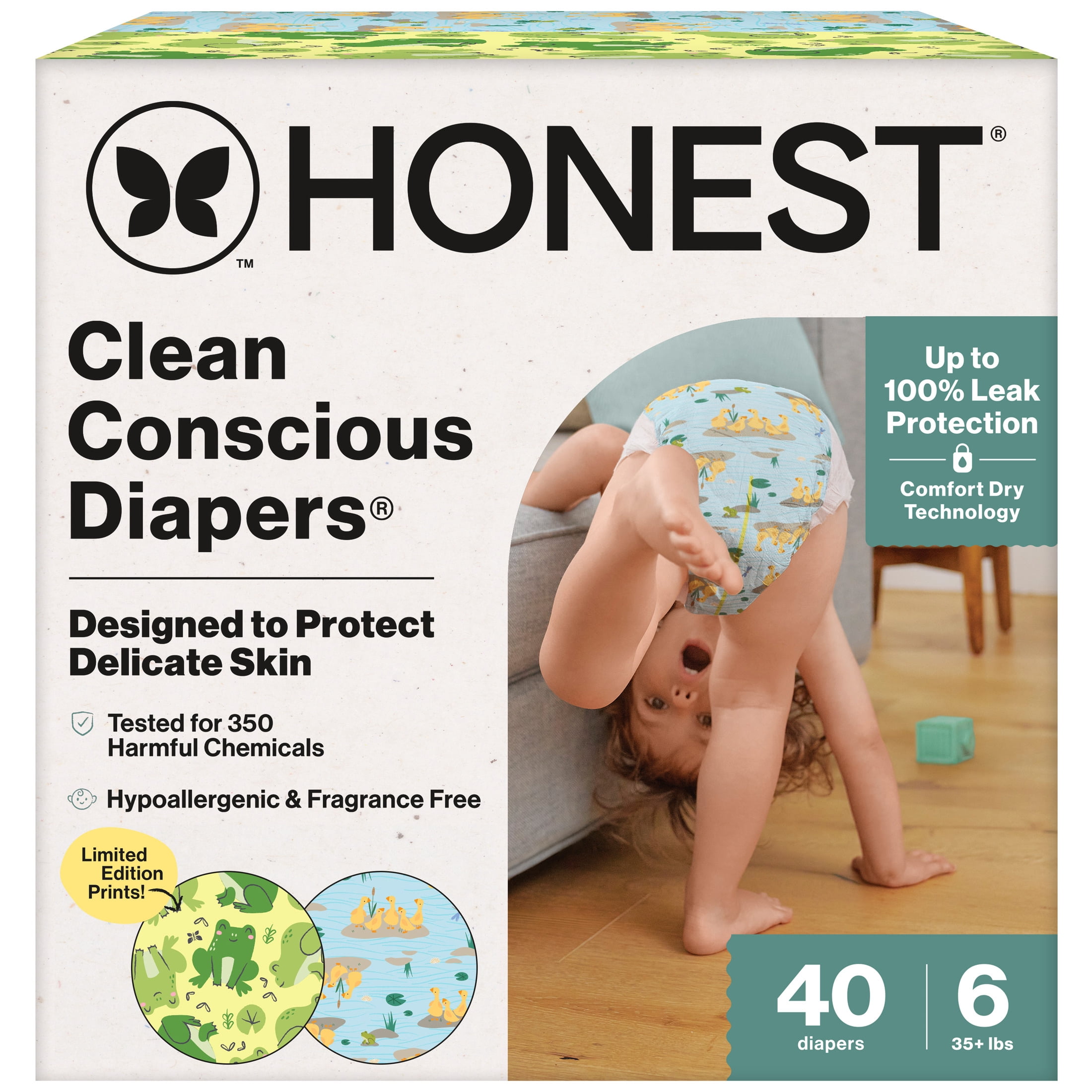 The Honest Company Clean Conscious Diapers® | Up to 100% Leak Protection I Designed to Protect Delicate Skin I Hypoallergenic + Fragrance Free | UR Ribbiting + Waddle It Be, Size 6, 40 Count Club Box