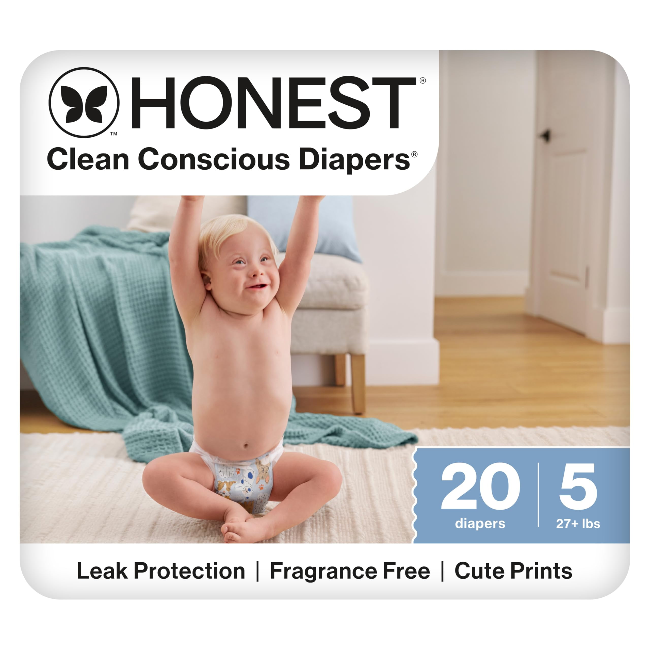 The Honest Company Clean Conscious Diapers for Delicate Skin | Up to 100% Leakproof | Hypoallergenic, Fragrance Free | It's a Pawty | Polybag, Size 5 (27+ lbs), 20 Count