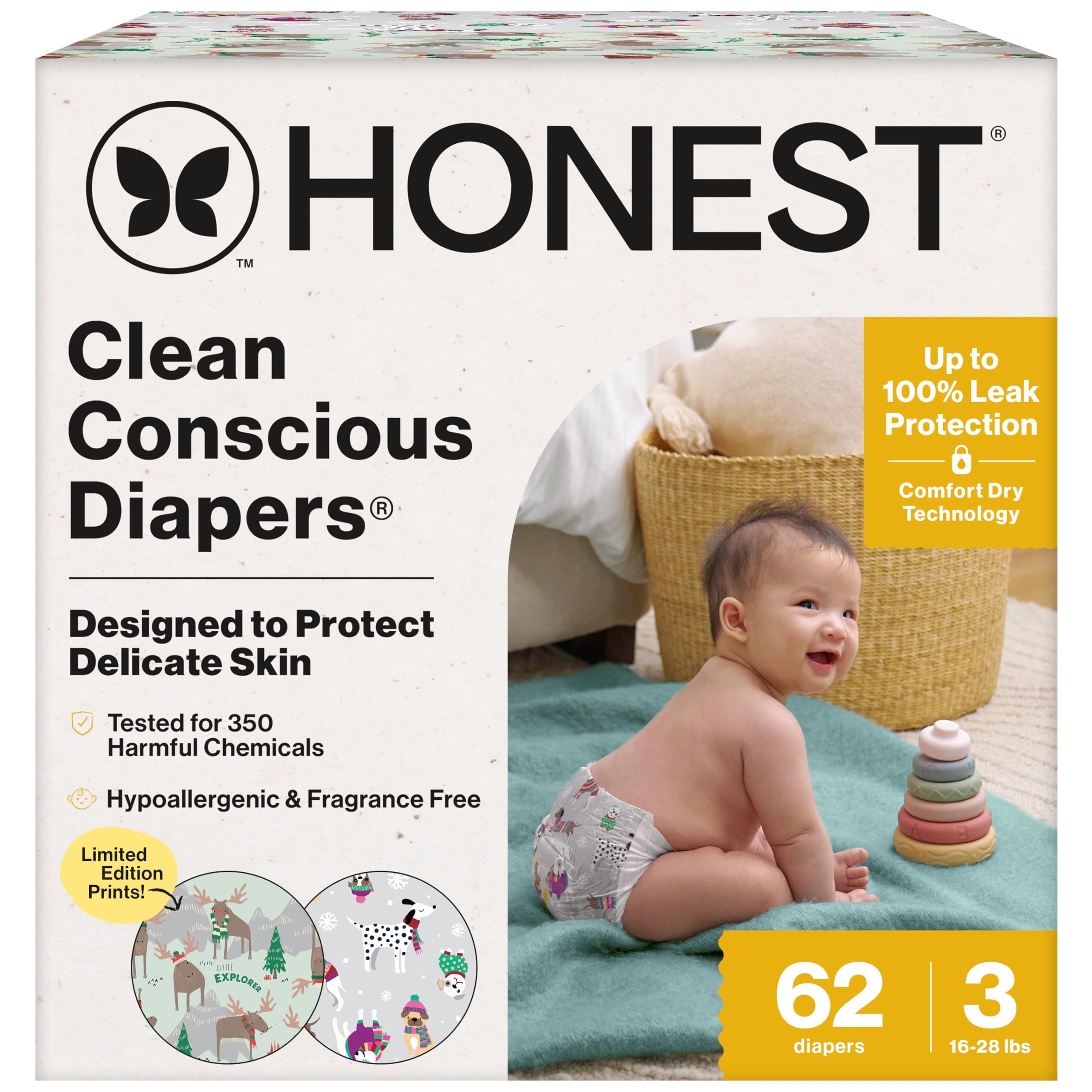 The Honest Company Clean Conscious Diapers for Delicate Skin | Up to 100% Leakproof | Hypoallergenic, Fragrance Free | Winter '25 Limited Edition Prints | Club Box, Size 3 (16-28 lbs), 62 Count
