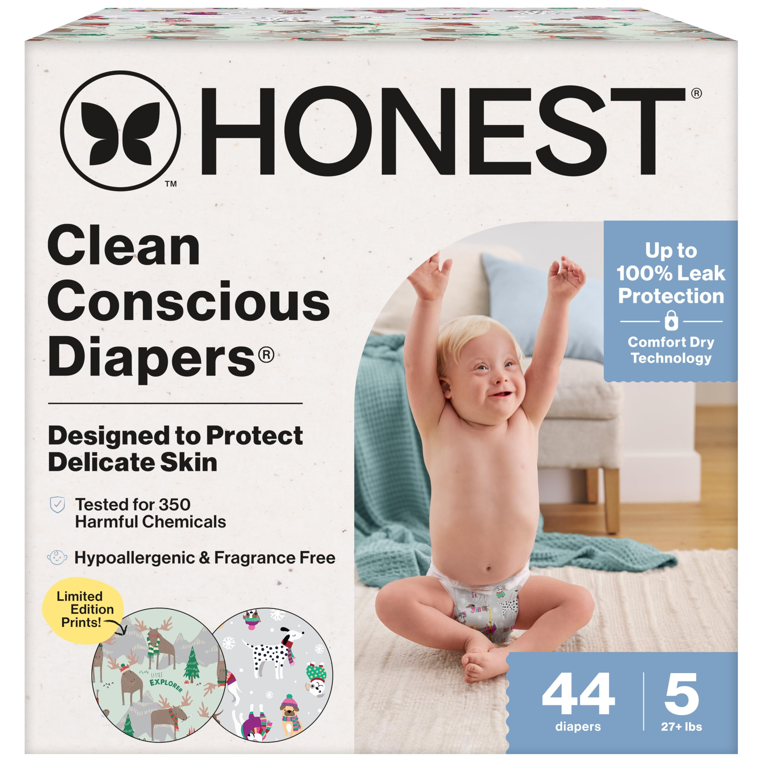 The Honest Company Clean Conscious Diapers for Delicate Skin | Up to 100% Leakproof | Hypoallergenic, Fragrance Free | Winter '25 Limited Edition Prints | Club Box, Size 5 (27+ lbs), 44 Count