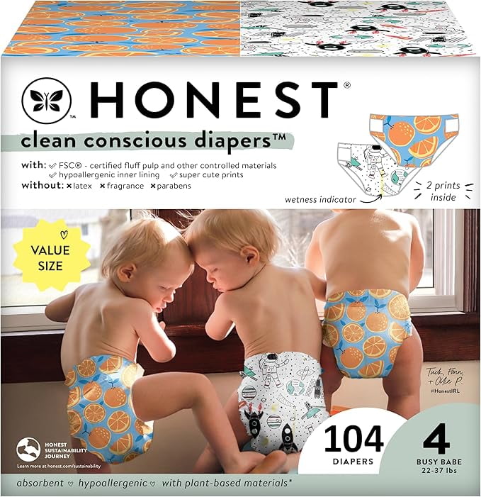 The Honest Company Clean Conscious Diapers for Sensitive Skin Hypoallergenic Fragrance Free Gender Neutral Prints Super Club Box Size 4 22-37 lbs 104 Count