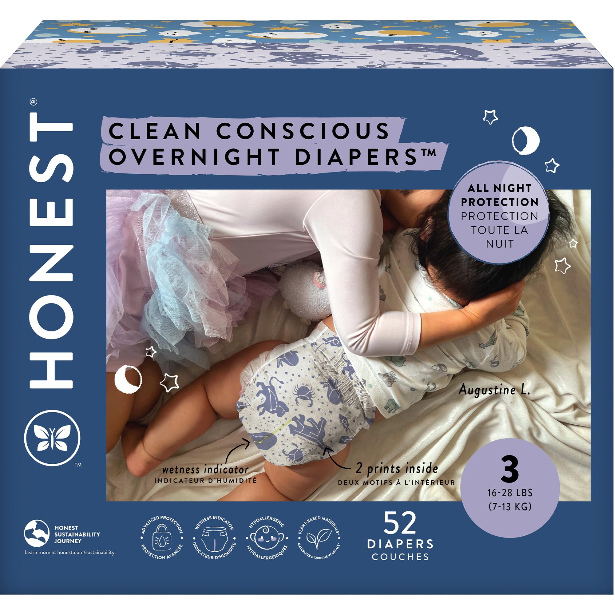 The Honest Company Clean Conscious Overnight Diapers for Sensitive Skin Hypoallergenic Fragrance-Free Baby Cozy Cloud and Star Signs Design Club Box Size 3 (1628 lbs) 52 Count