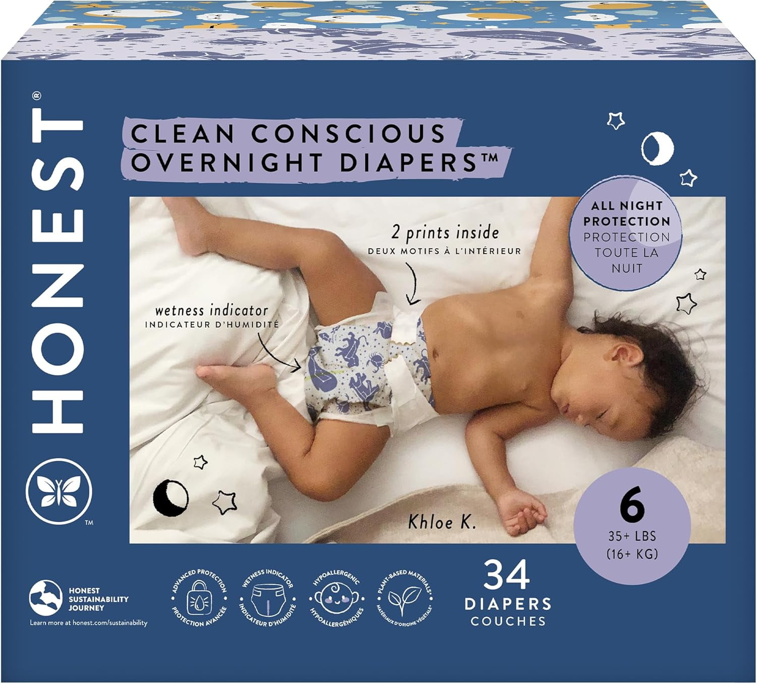 The Honest Company Clean Conscious Overnight Diapers for Sensitive Skin | Hypoallergenic, Fragrance Free | Cozy Cloud + Star Signs | Club Box, Size 6 - 34 Count
