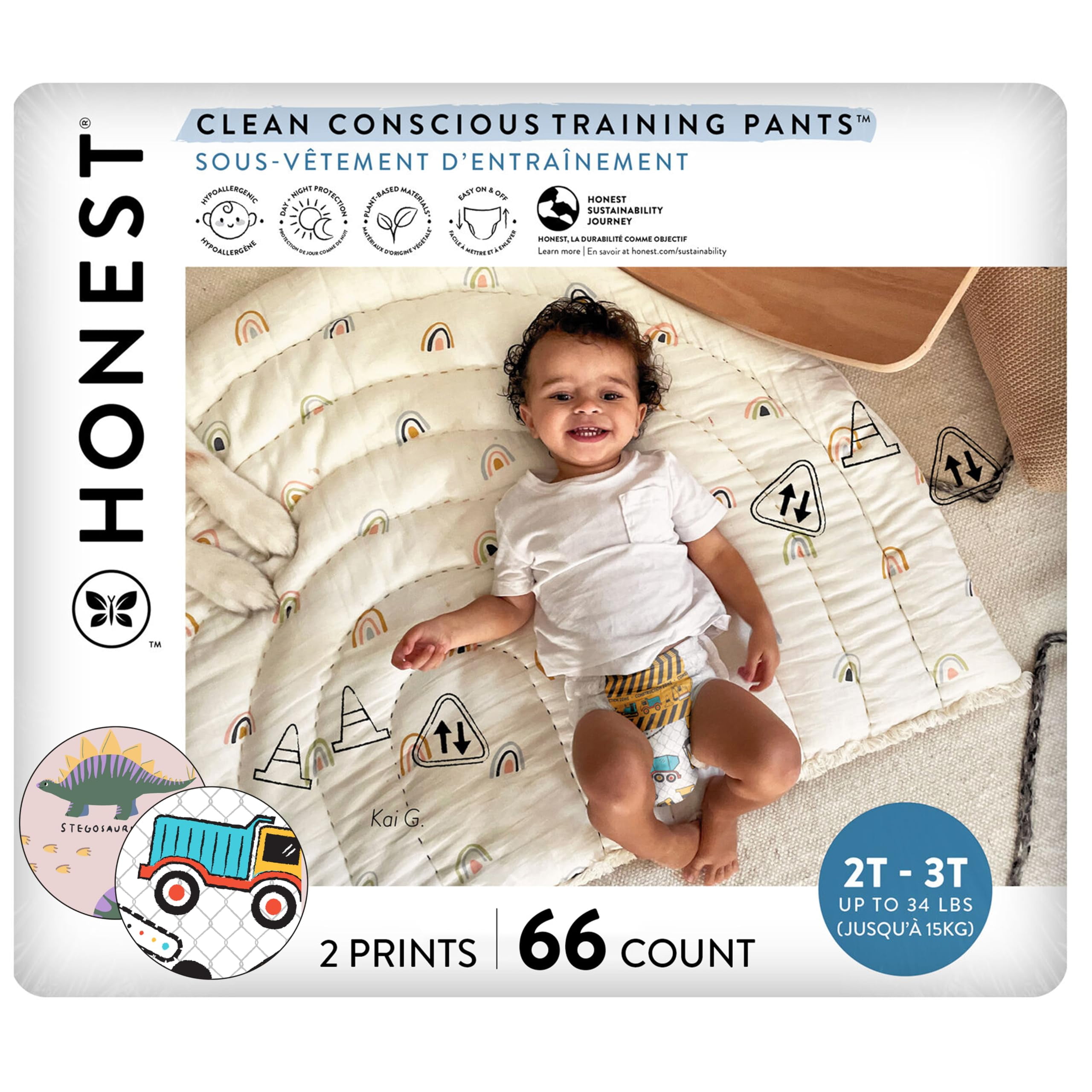 The Honest Company Clean Conscious Training Pants for Sensitive Skin | Hypoallergenic, Fragrance Free | Rompin' & Stompin' + Diggin' It | Size 2T/3T (up to 34 lbs), 66 Count