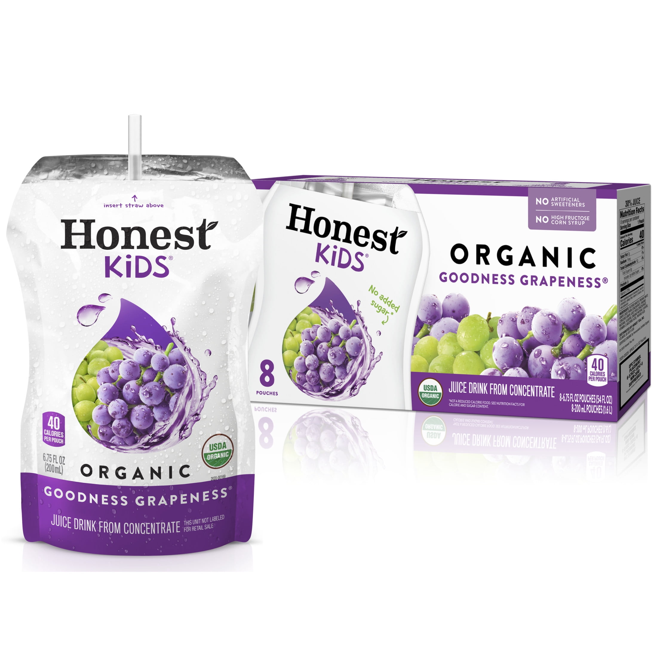 Honest Kids Organic Goodness Grapeness Grape Fruit Juice, 6.75 fl oz, 8 Pouches