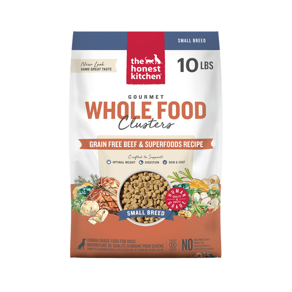 The Honest Kitchen Grain Free Beef & Superfoods Whole Food Clusters, Human Grade Dry Dog Food for Small Breeds, Vet-Crafted Nutritional Support for Skin, Coat, Digestion & Overall Wellness, 10 lb Bag